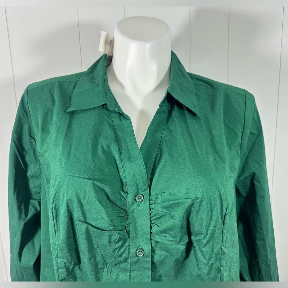 NWT Lane Bryant Women’s Sz 26 Green Ruched Button Down Shirt Blouse Long Sleeve - Picture 2 of 9